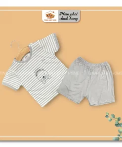 Bộ cài vai cộc sợi tre kẻ sọc ghi