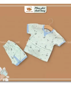 Bộ cài vai cộc sợi tre hoạ tiết mint