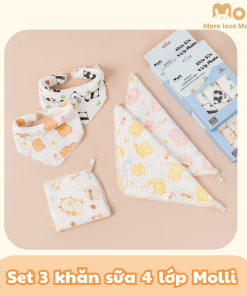 Set 3 Khăn ( Yếm ) Xô Muslin 4 Lớp Molli Kích Thước 25x25cm , Vừa Làm Yếm Vừa Làm Khăn