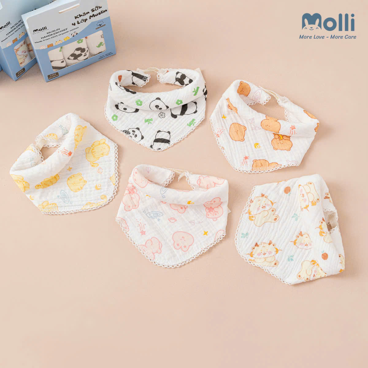 Set 3 Khăn ( Yếm ) Xô Muslin 4 Lớp Molli Kích Thước 25x25cm , Vừa Làm Yếm Vừa Làm Khăn - Ảnh 7