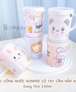 Cốc nước sợi tre có nắp đậy và lỗ cắm ống hút Honper in hình thú loại cao