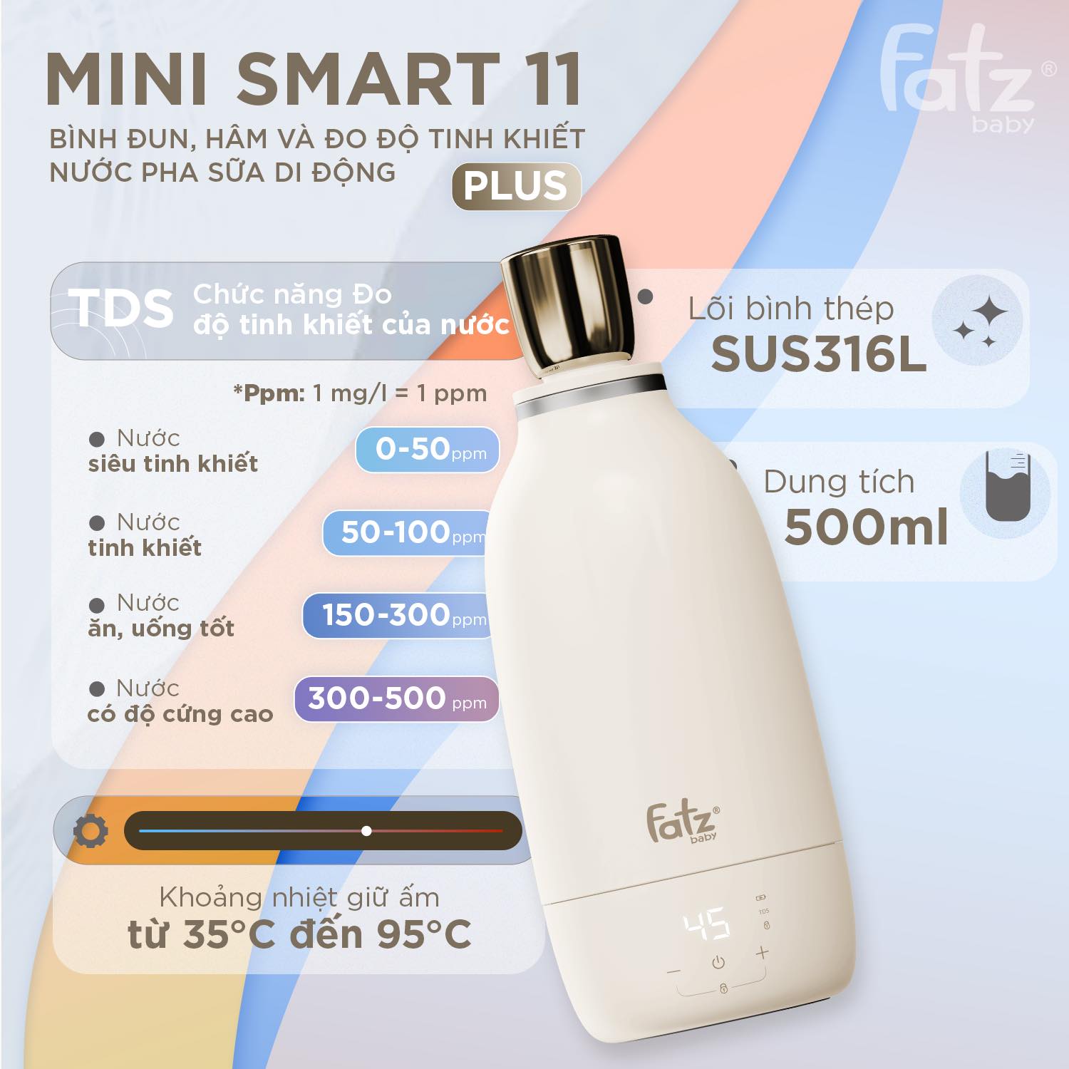 Bình đun, hâm và đo độ tinh khiết nước pha sữa di động Mini Smart 11 Plus - Ảnh 2